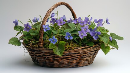   A white table holds a basket overflowing with purple blooms Nearby, a planter brims with green foliage