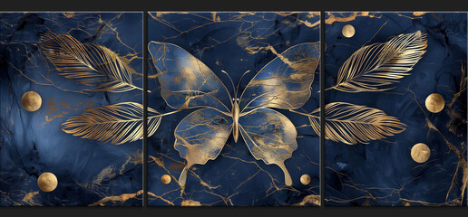 panel wall art, marble background with feather and butterfly silhouette , wall decoration 
