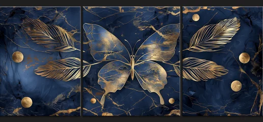 Tableaux ronds sur plexiglas Anti-reflet Papillons en grunge panel wall art, marble background with feather and butterfly silhouette , wall decoration 