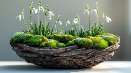   A basket brimming with numerous green snowdrop bulbs nestled in moss, encased by light snow