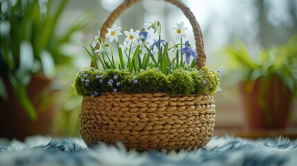   A basket brimming with grass and flowers atop a blue-white carpeted flooring