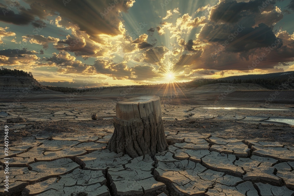 Poster stump from felled tree in drought concept. record summer heat. backdrop of the consequences of envir