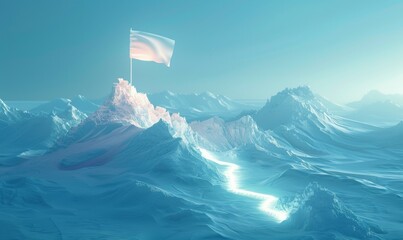 A flag is on top of a mountain in the middle of large body of water - Powered by Adobe