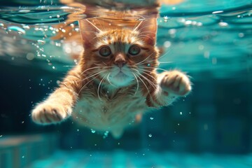 A cat is swimming in a pool. Summer heat concept, backdrop - obrazy, fototapety, plakaty