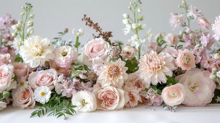   A tabletop arrangement of pink and white flowers sitting side by side