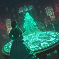 Mystical Illustration of Spirit Medium and Ghostly Presence in a Decorative Victorian Setting