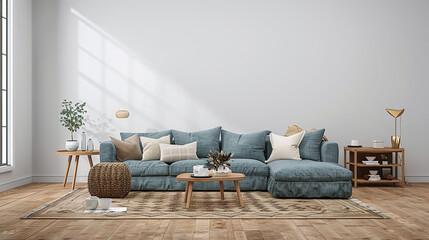 Fototapeta na wymiar modern living room with sofa, space for artwork on the wall