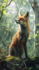Craft a photorealistic image of an inquisitive fox at eye level in a lush forest setting, capturing every detail of its fur and keen eyes Highlight the dynamic play of light and shadows to add depth a