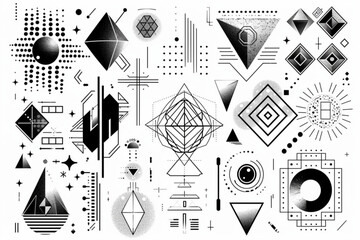 Set of abstract geometric shapes or trendy geometric shapes inspired brutalism. Flat vector illustration with 3d wireframe models. Concept psychedelic techno style vector icon, white background, black