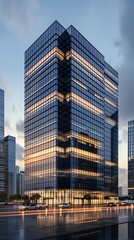 Fototapeta premium Design a modern office building in photorealistic style at a dramatic tilted angle view, highlighting glass facades and reflective surfaces to convey sophistication and elegance