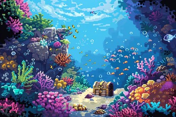 Illustrate a magical underwater world in digital pixel art, featuring colorful coral reefs, luminous sea creatures, and a glittering treasure chest hidden beneath the waves