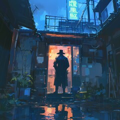 Detective Standing Alone Amidst the Rains - Perfect for Mysteries and Thrillers! - obrazy, fototapety, plakaty