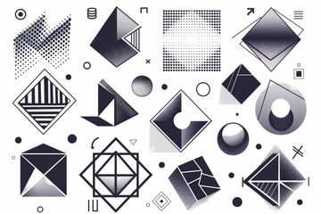 Set of abstract geometric shapes or trendy geometric shapes inspired brutalism. Flat vector illustration with 3d wireframe models. Concept psychedelic techno style vector icon, white background, black