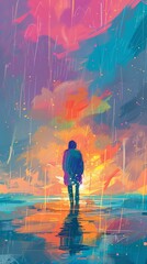 Illustrate a rear view of a person walking away from a stormy past towards a bright, hopeful future Emphasize hope and optimism through a mix of pixel art and vector techniques, blending nostalgia wit