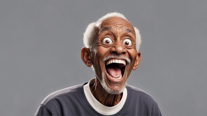 Generative AI portrait of a funny African American senior old man with big eyes and open mouth.