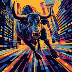 Illustrate the concept of a bullish market rise in a vector art style, portraying a wide-angle perspective Use sharp lines and bold colors to convey a sense of strength and upward movement in the fina