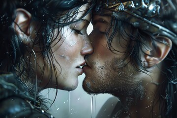Illustrate the raw intensity of a passionate kiss between two characters in a photorealistic digital rendering