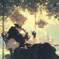 Elegant Female Character Immersed in an Atmospheric Victorian Tea Garden