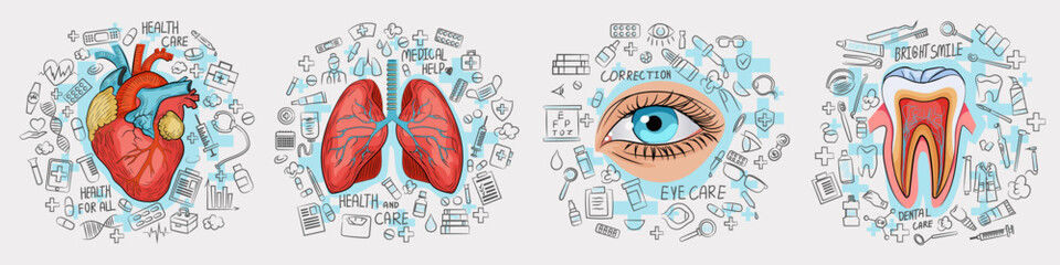 Four vector illustrations depicting human organs surrounded by health and medical icons on a light background, symbolizing healthcare concepts. Vector illustration