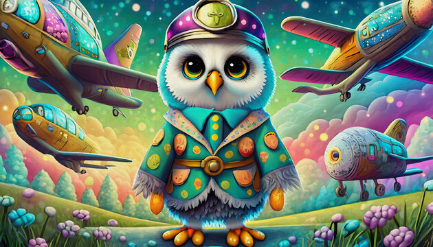 OIL PAINTED STYLE CARTOON CHARACTER Multicolored cute baby A snowy owl in a pilot costume