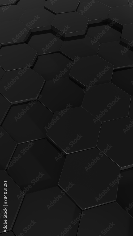 Poster 3d abstract black vertical background. abstract dark hexagon mosaic wall. 3d rendering illustration 