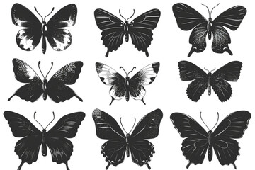 Set of black butterflies in the style of grunge stamp and organic shapes. Tattoo silhouette, hand drawn stickers, Y2k aesthetic. Vector graphic in trendy retro 90s style. Grain texture butterfly vecto