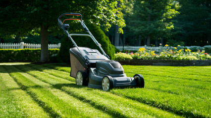 Lawn mower cutting green grass, mowing, mow, landscaping, backyard, mower - obrazy, fototapety, plakaty