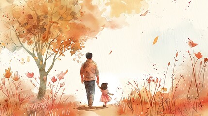 Silhouette of Father and child in Vibrant Watercolor