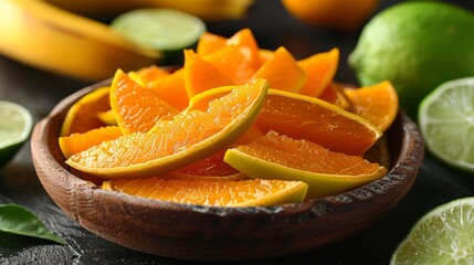   A wooden bowl filled with sliced oranges and limes on a table Next to it, limes arranged separately