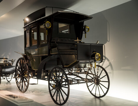 1895 Benz Omnibus motor carriage car inside the Mercedes Benz Museum in Stuttgart, Germany