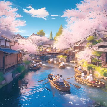 Experience the serene beauty of a traditional Japanese village nestled along a tranquil river, where cherry blossom trees bloom in full splendor.