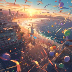Spectacular Aerial View of a Sunlit City Shoreline during a Festive Event - obrazy, fototapety, plakaty