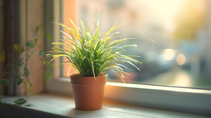 Macro shot of a potted plant on a windowsill, modern interior design, scandinavian style hyperrealistic photography