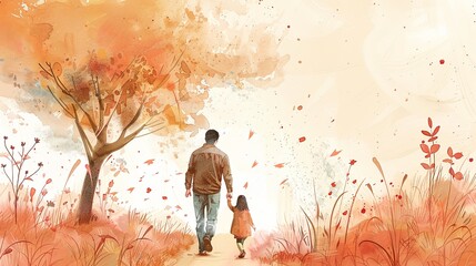 Silhouette of Father and child in Vibrant Watercolor