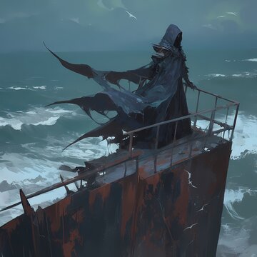 Dark and Moody Sea Adventure - A Grim Reaper-like Character Silhouetted Against Stormy Seas