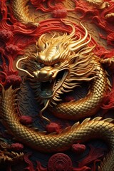 Obraz premium A majestic golden dragon displayed on a striking red and gold wall