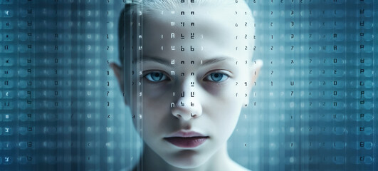 Young child like genderless person face, glowing blue abstract digital background. Artificial intelligence or technological transcendence concept. Generative AI