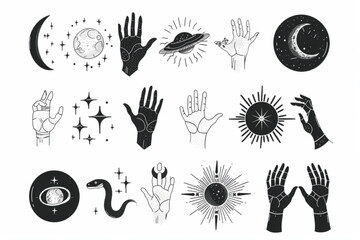 Vector poster set of mystical magic objects- woman hands, moon, sun, stars, planets, snake. Trendy minimal style, line art. Spiritual occultism objects. vector icon, white background, black colour ico