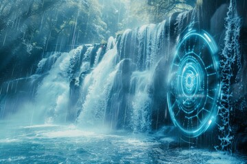Futuristic Waterfall with Holographic Interface, Nature Meets Technology Concept