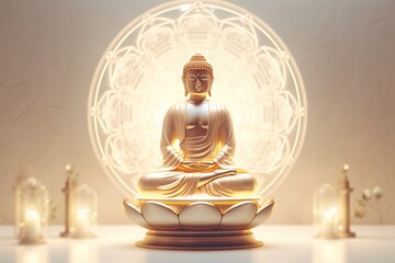 white buddha in luxury room. LED light built in, minimalist, 3D rendering