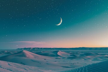Starry Night Desert Landscape with Crescent Moon, Serenity Concept