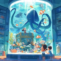 Enchanting Marine Life Encounter with Curious Children at a Bustling Aquarium Exhibit