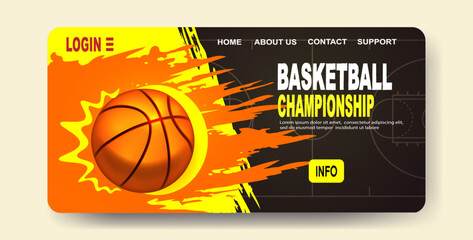 A colorful website banner for a basketball championship, featuring a basketball on a vibrant orange splash with a dark background, Vector illustration. Vector illustration