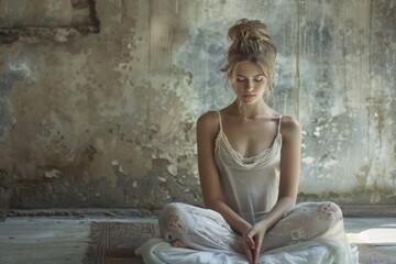 Woman meditating in a serene, rundown space, radiating calmness