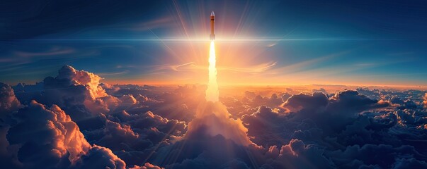 Rocket soaring through clouds in the sky, surrounded by natures beauty. AI generated illustration - obrazy, fototapety, plakaty