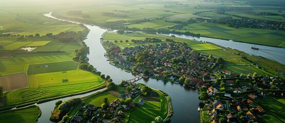 Aerial view of village by river with natural landscape and residential buildings. AI generated illustration