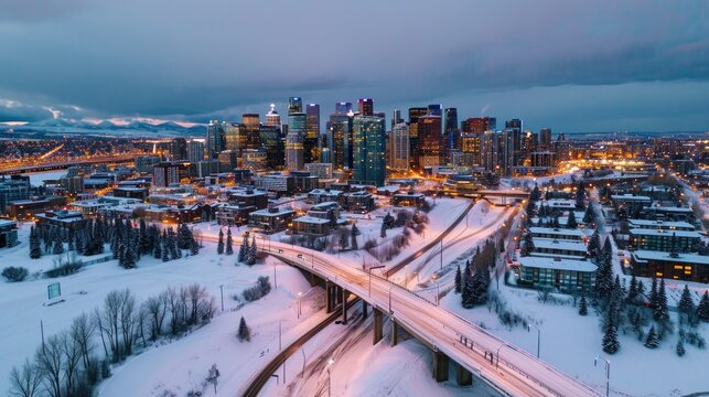 City view in winter with snow on the ground