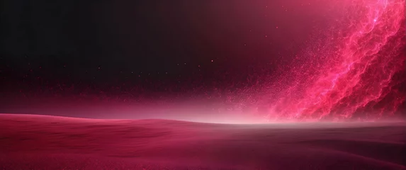 Foto op Plexiglas A grand cosmic event of a pink nebula against a dark sky, over a barren desert landscape © JohnTheArtist