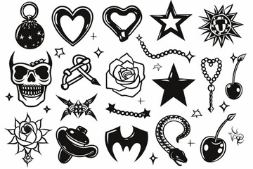 Y2k aesthetic set. Tattoo art signs of 2000s style. Y2k symbols, goth chain, heart, rose, flame, bow, snake, brass knuckles, mouth, star, cherry, blackthorn, smile. Vector tattoo line modern stickers 