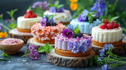   A table laden with multiple cakes, each generously topped with frosting and various embellishments Nearby, a bowl brimming with strawberries and an arrangement